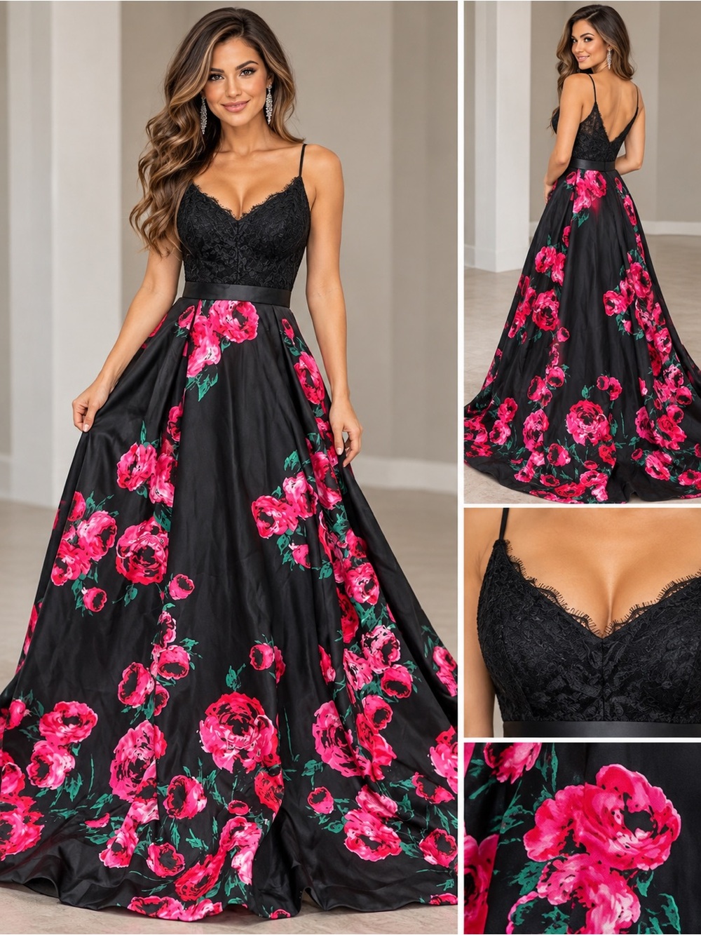 Elegant Black Backless Gown with Pink Floral Print
